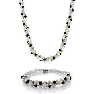 White Cultured Freshwater Pearl & Black Crystal Necklace Bracelet Wedding Jewelr